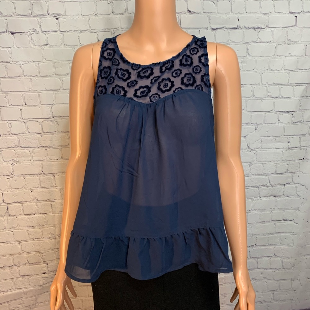 Hollister size small Navy blue sheer embroidered top floral velvet